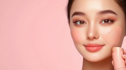 Fototapeta premium woman applying makeup with brush on her cheek, smiling softly