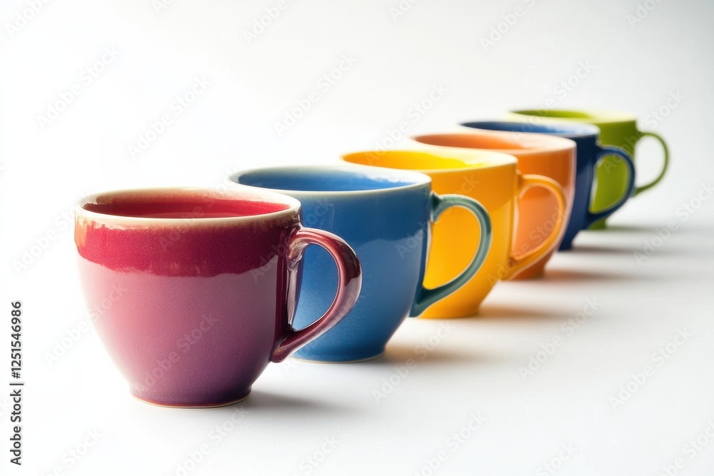 Poster colorful ceramic cups arranged in a row on a minimalistic background showcasing vibrant hues