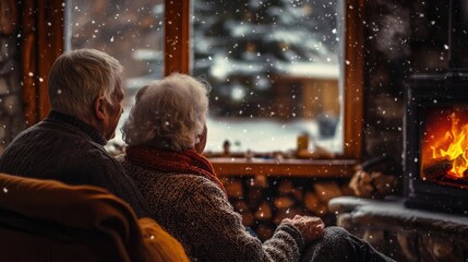 A photo of an elderly couple enjoying a quiet afternoon in a cozy cabin, the sound of the crackling fire a comforting backdrop to the falling snow.