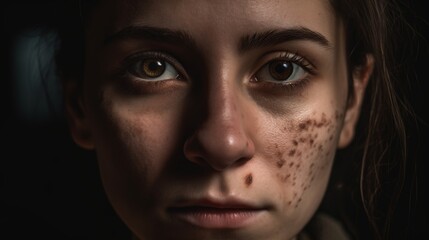 Close up of a young woman with striking facial features and unique skin patterns showcasing natural beauty and depth