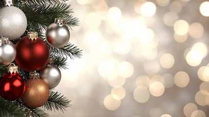 Obraz premium Red, Silver, and Gold Christmas Ornaments on Pine Branch with Bokeh Background