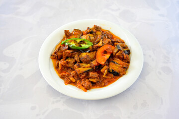 Meat with eggplant and pepper.Cooked with vegetables and hot spices. Patlican kebab, musakka.