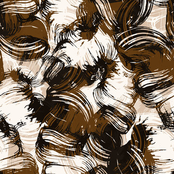 Seamless pattern of swirling mocha brown and cream brushstrokes. Abstract, textured, and warm design with a touch of rustic charm.