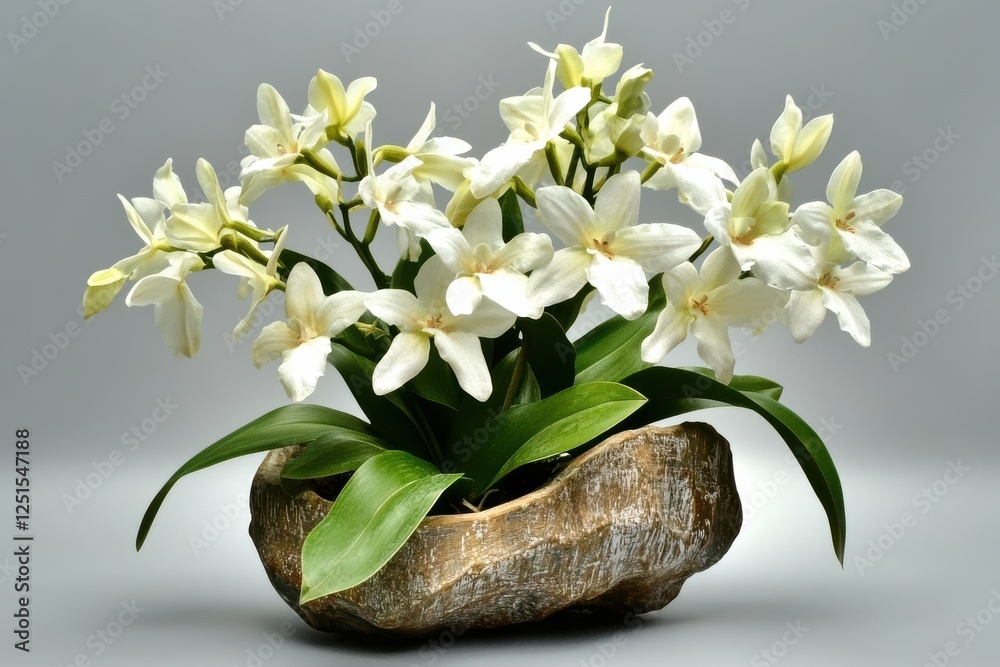 Aufkleber elegant white orchids arranged in a natural stone planter for a serene indoor setting