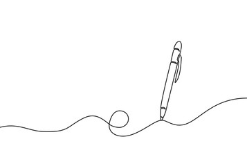 Obraz premium Minimalist one-line drawing of a pen writing a fluid isolated on white, continuous stroke. Perfect for creative, artistic, or educational concepts. Simple design. Vector illustration, Editable stroke
