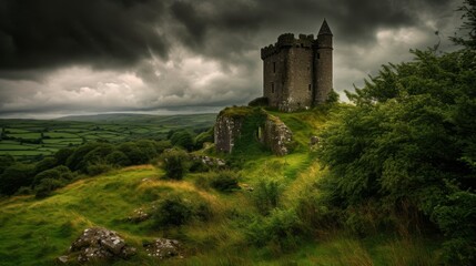 Dramatic sky looms over ancient stone castle surrounded by lush green hills and rugged landscape