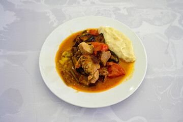 Meat with eggplant and pepper.Cooked with vegetables and hot spices. Patlican kebab, musakka.