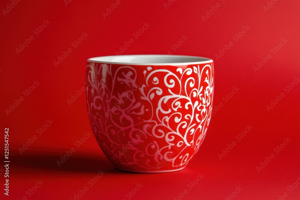 Poster decorative ceramic cup with intricate white patterns on vibrant red background