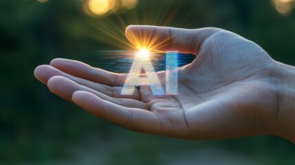 Glowing AI Symbol Held in Hand at Sunset