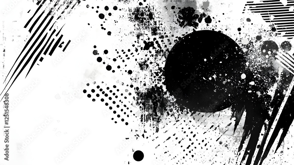 Poster abstract black and white minimalist graphic design with splatters dots and geometric shapes
