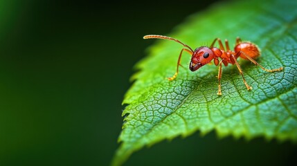 Naklejka premium Red ant on vibrant leaf, nature scene, macro, shallow depth of field
