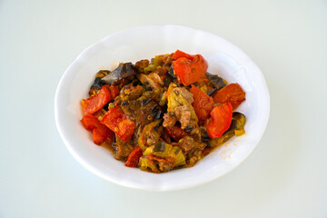 Meat with eggplant and pepper.Cooked with vegetables and hot spices. Patlican kebab, musakka.