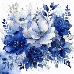 Watercolor royal blue and silver floral clip art design, white isolated background space AI generative