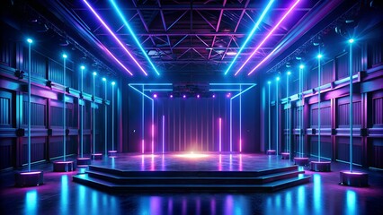 Dark stage with empty blue and purple neon lighting, creating a futuristic and moody atmosphere for performances.
