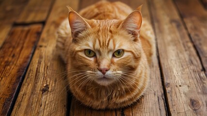 A cat on a wooden table and lying on the floor