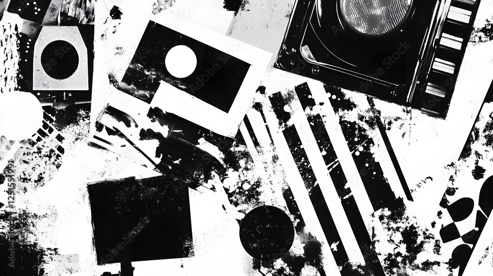 Poster abstract geometric monochrome grunge texture artwork with shapes and lines in black and white