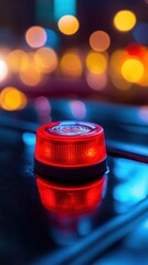 Red alert light glows, city night bokeh