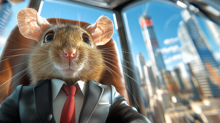 A mouse wearing a formal suit and tie sits at a large executive desk, looking confidently towards the camera. The backdrop features a vibrant city skyline under a clear blue sky