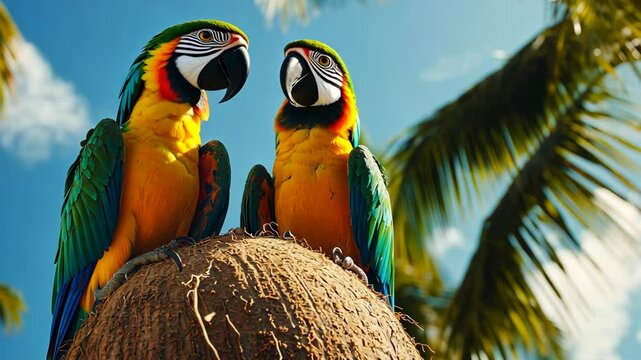 Close-up of two colorful parrots sitting on palm tree coconuts against a blue sky at a tropical resort, wide-angle lens, sunny day, tropical trees in the background.