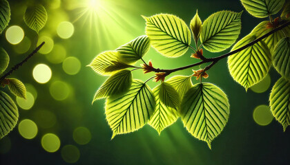 Sonnenstrahlen scheinen durch zarte Hainbuchenblätter im Frühling