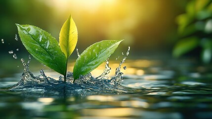 Sprout emerges, water splash, sunset, nature, growth