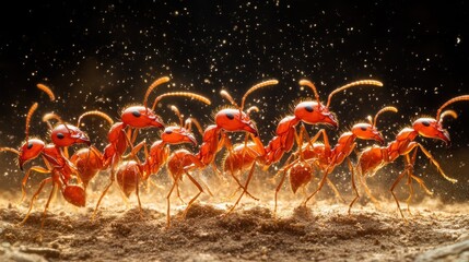 Fototapeta premium Red ants marching in the desert at night, with glittering dust particles