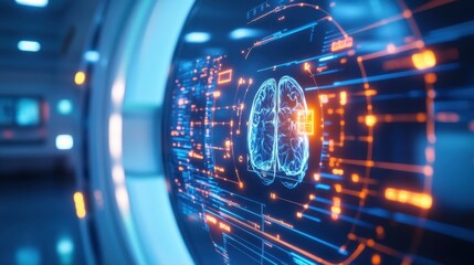 Fototapeta premium High tech laboratory screen displays detailed brain scans and data analysis. The digital interface highlights cutting edge neuroscience and medical technology advancements