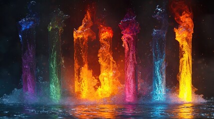 Vibrant Rainbow Water Columns, Erupting with Color and Energy