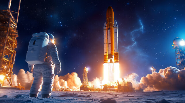 An astronaut stands on a lunar-like surface, observing a rocket launch at a space center, surrounded by bright flames and smoke against a starry night sky