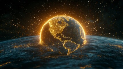 Glowing Golden Earth At Night Digital Rendering