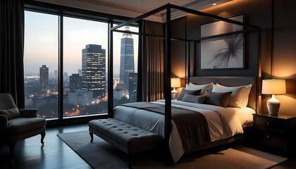 Obraz premium Luxurious City View Bedroom With Four Poster Bed