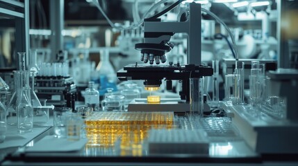 Cutting edge laboratory showcasing advanced scientific equipment, including microscopes and test tubes, highlighting the precision and innovation in contemporary research environments