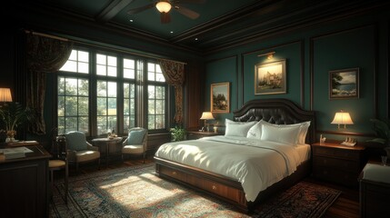 Luxurious hotel bedroom, sunlit, lake view, interior design