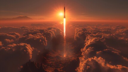 Rocket soaring through vibrant sunset skies, leaving a fiery trail above a sea of clouds
