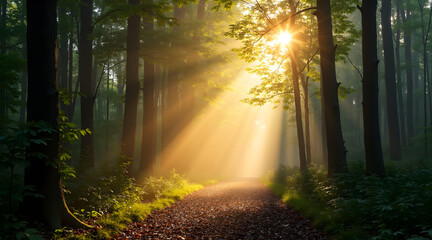 Obraz premium Sunlight streams through tall trees in a serene forest, illuminating a winding path covered in leaves, creating a peaceful and magical atmosphere