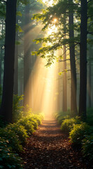 Obraz premium A tranquil forest path illuminated by soft sunlight streaming through tall trees, creating a serene and enchanting atmosphere