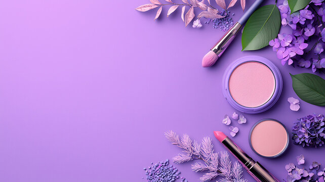 Purple makeup products with flowers and leaves on purple background