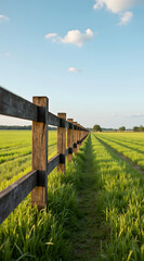 Fototapeta premium A long wooden fence lines a vibrant green field under a clear blue sky, creating a sense of depth and tranquility in the rural landscape