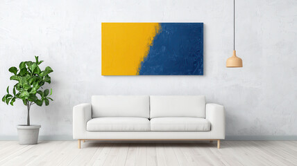 Modern living room with white sofa and abstract painting