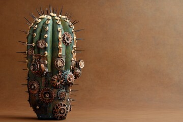 Steampunk cactus sculpture displayed against a plain brown background
