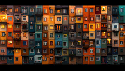 Colorful apartment building facade with diverse windows and balconies