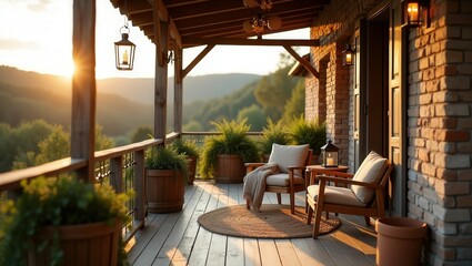 Fototapeta premium A rustic porch at sunset features wooden furniture with cushions, round table, potted plants, hanging lanterns, and string lights. Warm lighting and scenic view create a serene and inviting atmosphere