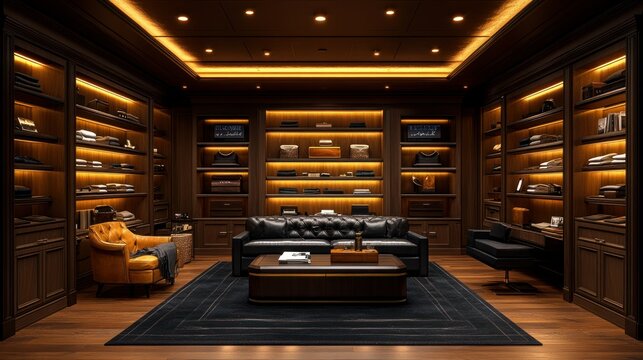 Luxurious study, interior design, nighttime, shelves, warm lighting, comfort, relaxation, home, man cave, furniture