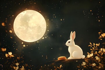 White Rabbit with Mooncake Under a Full Moon