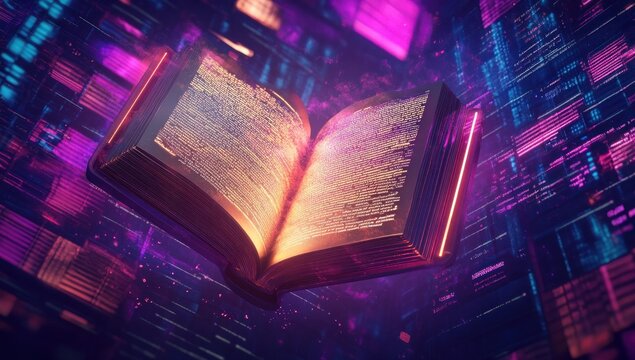 Digital Codex:  A futuristic illuminated book hovering amidst a vibrant digital landscape of code and data streams.