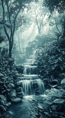 Naklejka premium Misty forest waterfall cascading through nature. Possible stock photo use