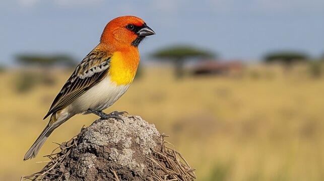 Red-billed Firefinch perched on termite mound, African savanna landscape background