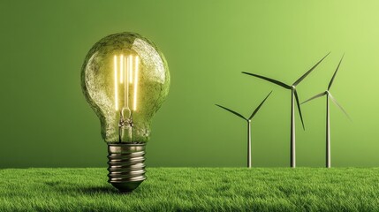 Glowing Lightbulb And Wind Turbines In Green Field
