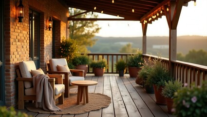 Fototapeta premium A rustic porch at sunset features wooden furniture with cushions, round table, potted plants, hanging lanterns, and string lights. Warm lighting and scenic view create a serene and inviting atmosphere
