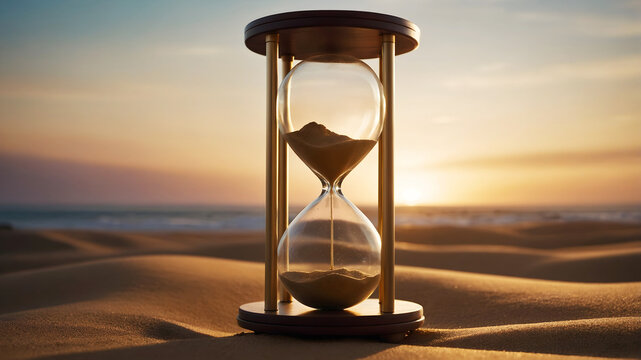 Motivational card with An hourglass with sand and a flower inside on desert sand at sunset. Concept of withering, end of a fruitful stage in life, menopause, change, adaptation